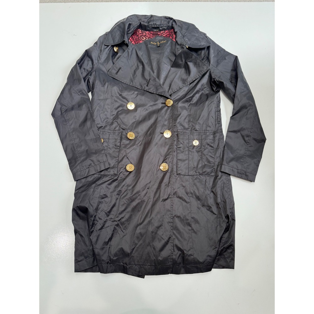 Baby‎ Phat Black Trench Coat Gold Logo Buttons Red Leopard Lining Y2K Womens Med